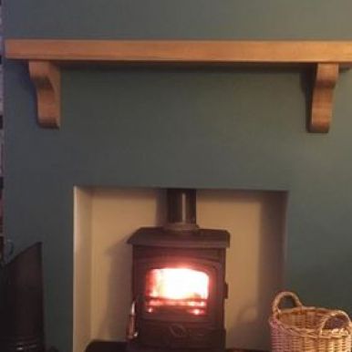 Oak Mantel on Teal Wall Nov 2017 without Mirror